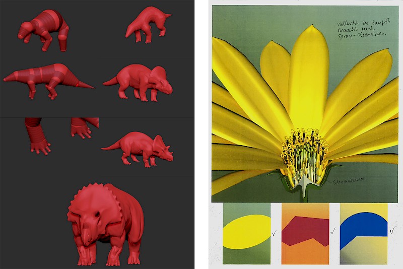 Links: 3D-Sculpting von Dinosaurierkörpern, Stjepan Lukac; rechts: botanisches Modell und Farbkompositionen, Alessandro Holler