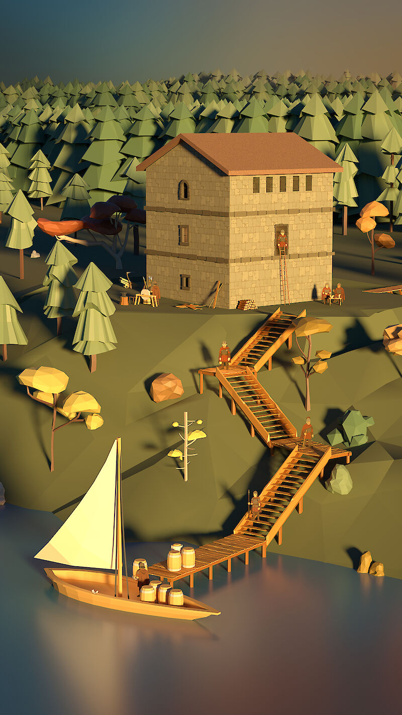 Low-Poly Rekonstruktion eines Wachturms im Schaaren mit Figuren der Geschichte draussen angeordnet.