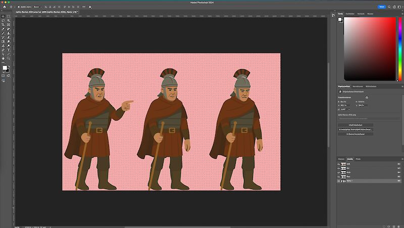 Spritesheet der Figurenanimation von Optio Flavius – es wird für den Posenwechsel der Figur im Scrollytelling benötigt.