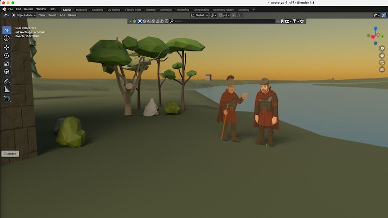 Erster Test mit finalen Figuren in der 3D-Szene in Blender – die Figuren wurden mit KI generiert und anschliessend nachgezeichnet und optimiert im Illustrator.