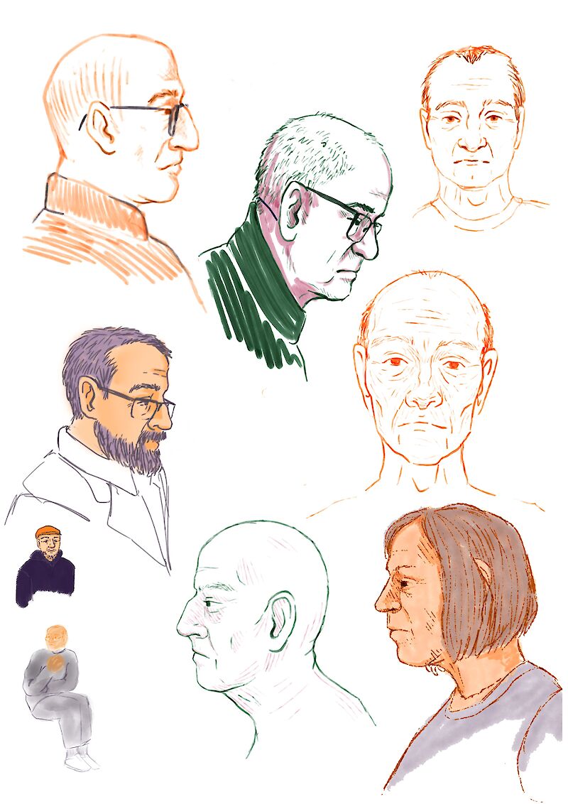 Digitale Skizzen und Pinseltests von Besucher*innen in einem Café.