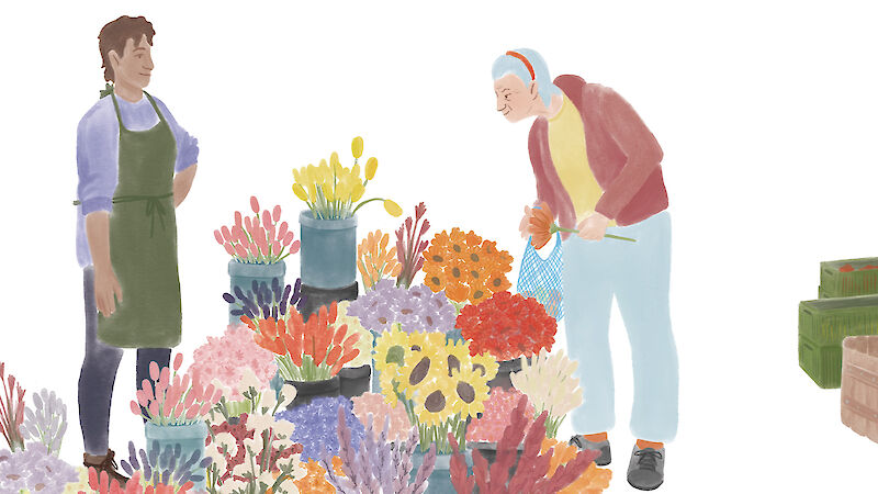 Einen Blumenstrauss für die Tochter bitte. Eine Seite aus dem Kapitel “Der Markt”.