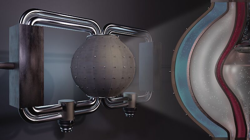Rendering des 3D-Reaktormodells mit angedeuteter Schnittdarstellung des Reaktorkerns.