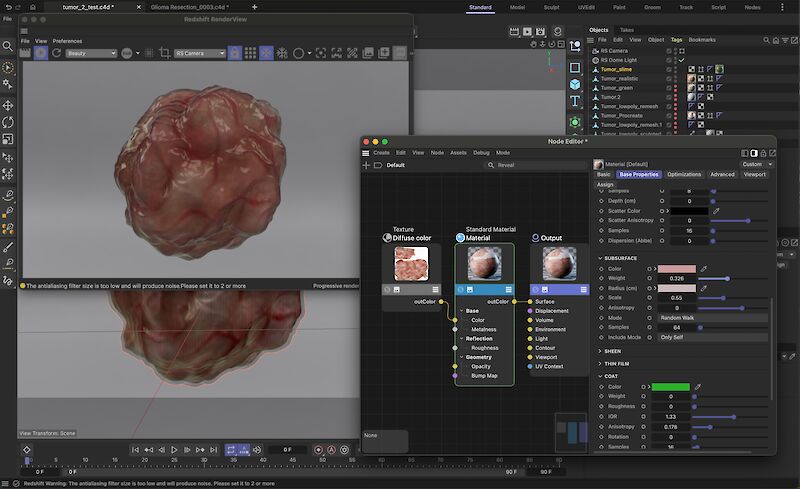 Materialexperimente des Tumors in Cinema4D.
