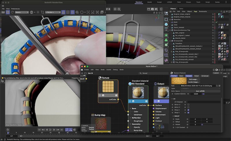 Texturierung der Gewebeschichte in Cinema4D.