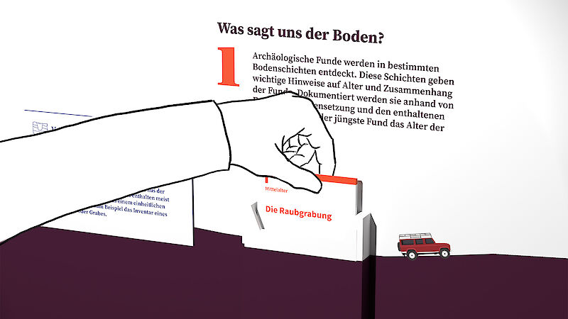 Die Geschichte hinter der Bodenschicht, in der das Fragment gefunden wurde, kann in einem Leporello erfahren werden.