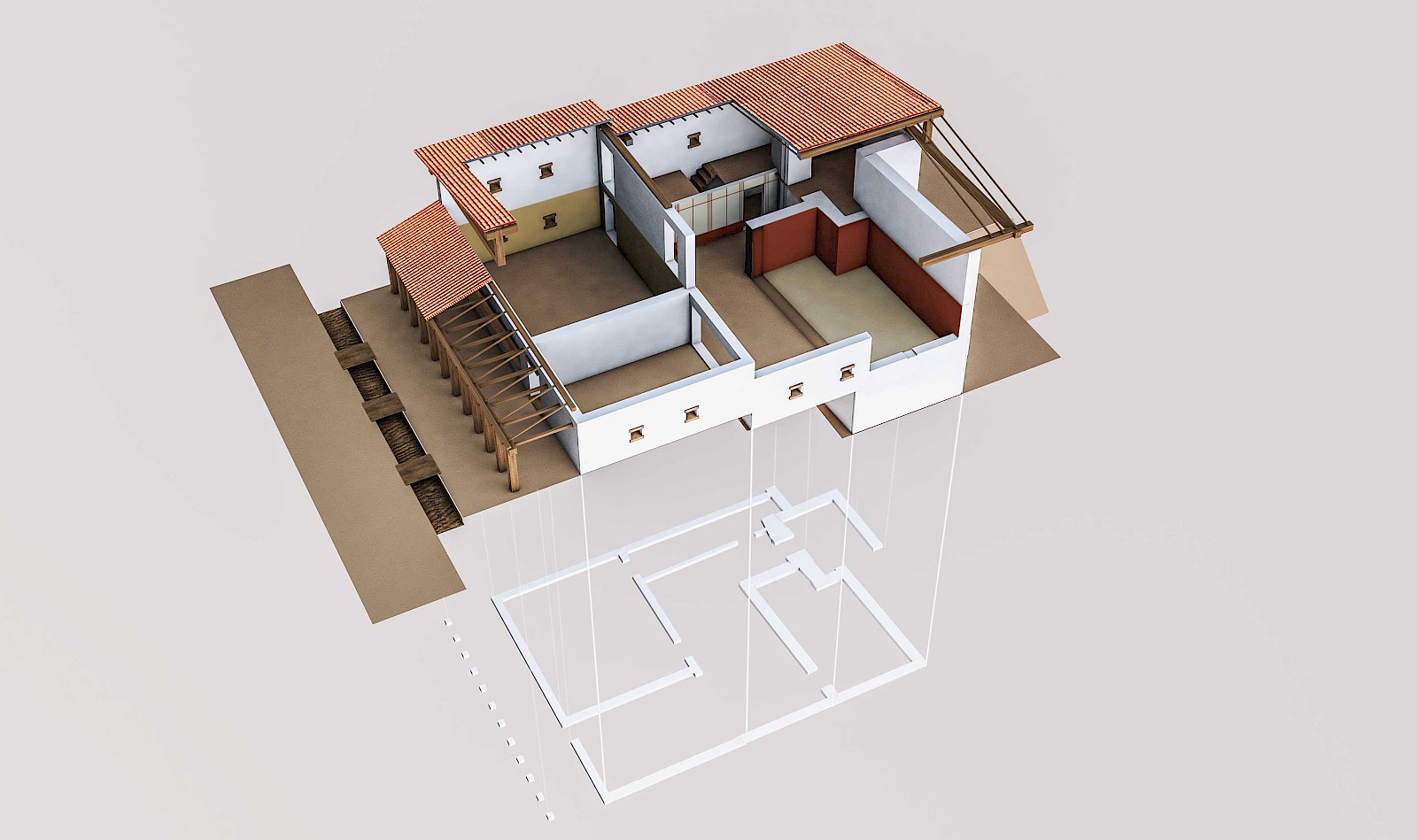 Smilla Berger: Darstellung eines römischen Streifenhauses von Oberwinterthur auf der Grundlage von Grabungsplänen. Umsetzung in Maxon Cinema 4D, nachträgliche Ausarbeitung der Innenräume, 2017.