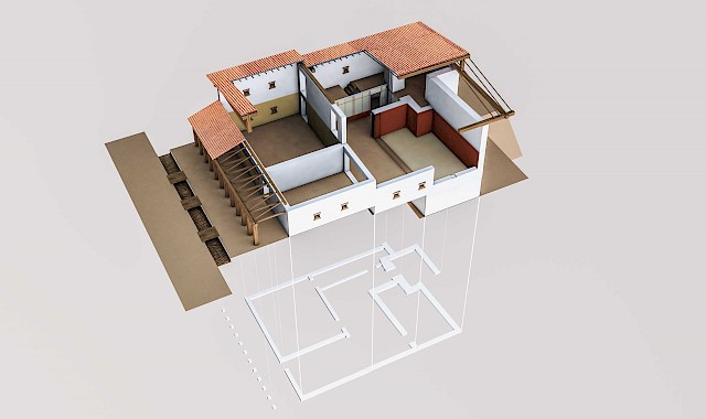 Smilla Berger: Darstellung eines römischen Streifenhauses von Oberwinterthur auf der Grundlage von Grabungsplänen. Umsetzung in Maxon Cinema 4D, nachträgliche Ausarbeitung der Innenräume, 2017.