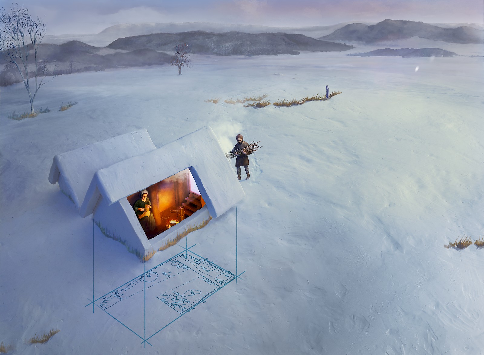 Maurus Zehnder: Grubenhaus in Rheinau (Rekonstruktion), digitale Malerei