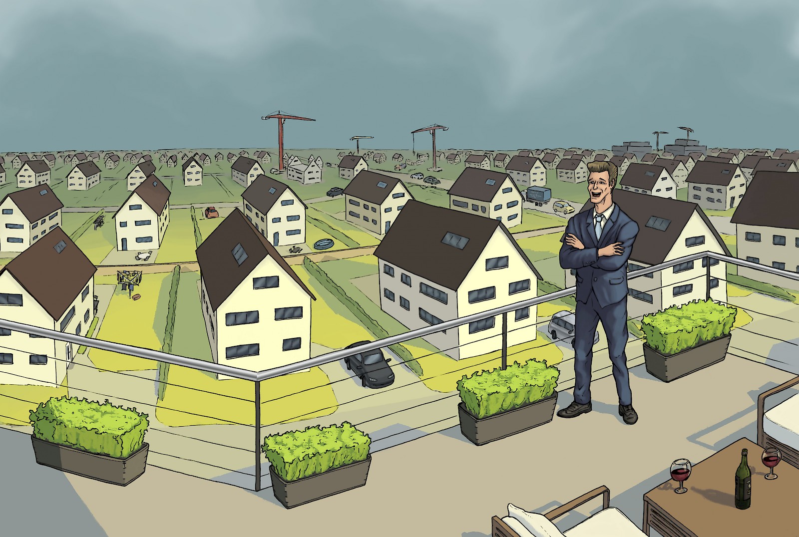 Pressureszenario – «Durch die vielen neu geschaffenen Arbeitsplätze steigt der Bedarf an Wohnraum. Das schafft zusätzliche Arbeit für das lokale Baugewerbe und führt zum stolzen Anwachsen unseres Dorfes.»