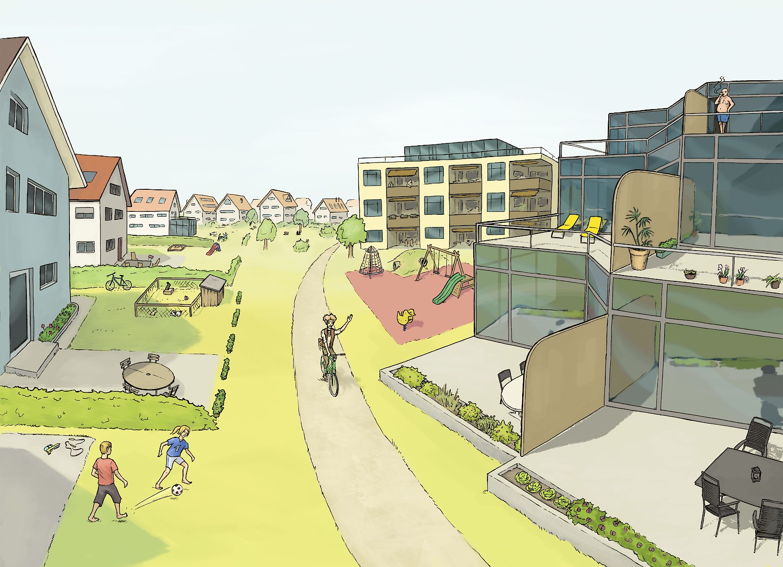 Wunschszenario — «Durch moderne, nachhaltige Baumethoden kann die verfügbare Fläche bestmöglich genutzt werden. So bleibt uns die wunderbare Landschaft ausserhalb des Dorfes erhalten, und das trotz Bevölkerungswachstum!»