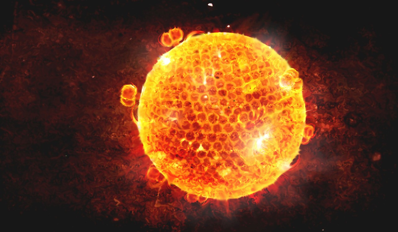 Virusform in Assoziation zu den Spezialaufnahmen der NASA der thermonuklearen Reaktionen auf der Oberfläche eines Sterns. Sinnbild für die exotische Natur der Materie und Oberflächenbeschaffenheit in dieser Grössendimension.