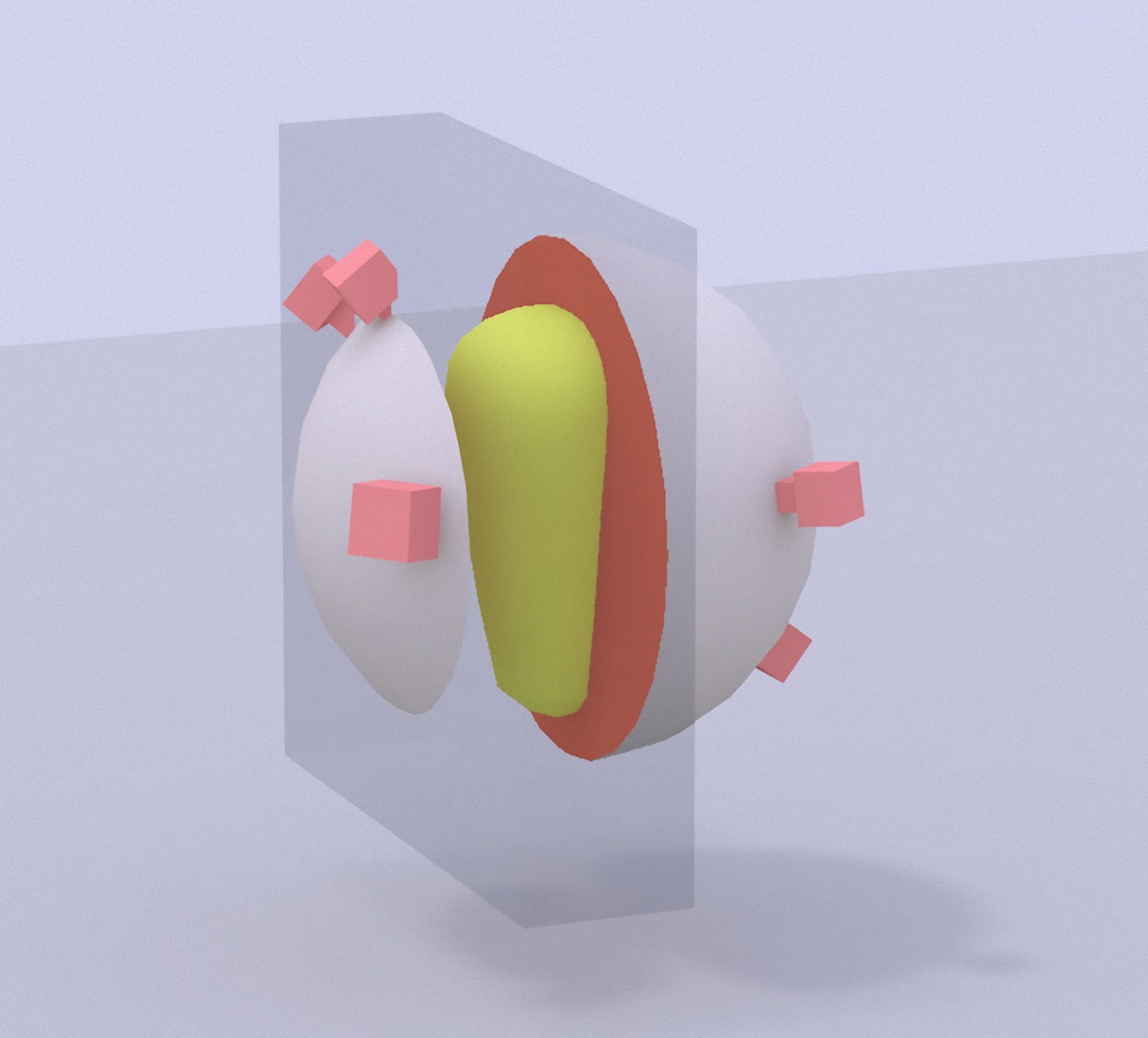 Konzept für ein interaktives, stark vereinfachtes HIV-1-Modell bei dem sich unterschiedliche Bereiche schneiden und freistellen lassen, um den inneren Aufbau räumlich gut nachvollziehbar zu erklären.