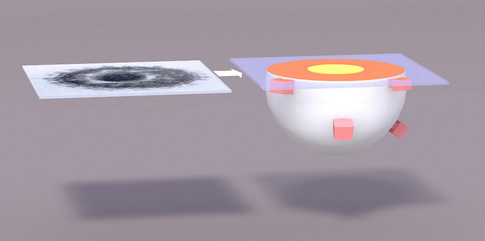 Perspektivische Bildkombination von Virusmodell und Transmissionselektronenmikroskopaufnahme. Ein Konzept, um die Verbindung zwischen Modell, dem Erkenntnisprozess und der dahinterliegenden Forschung aufzuzeigen.