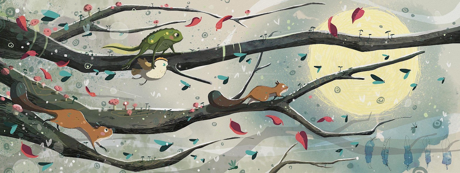 Die Eichhörnchen helfen bei der Suche nach dem Eichelhäher.