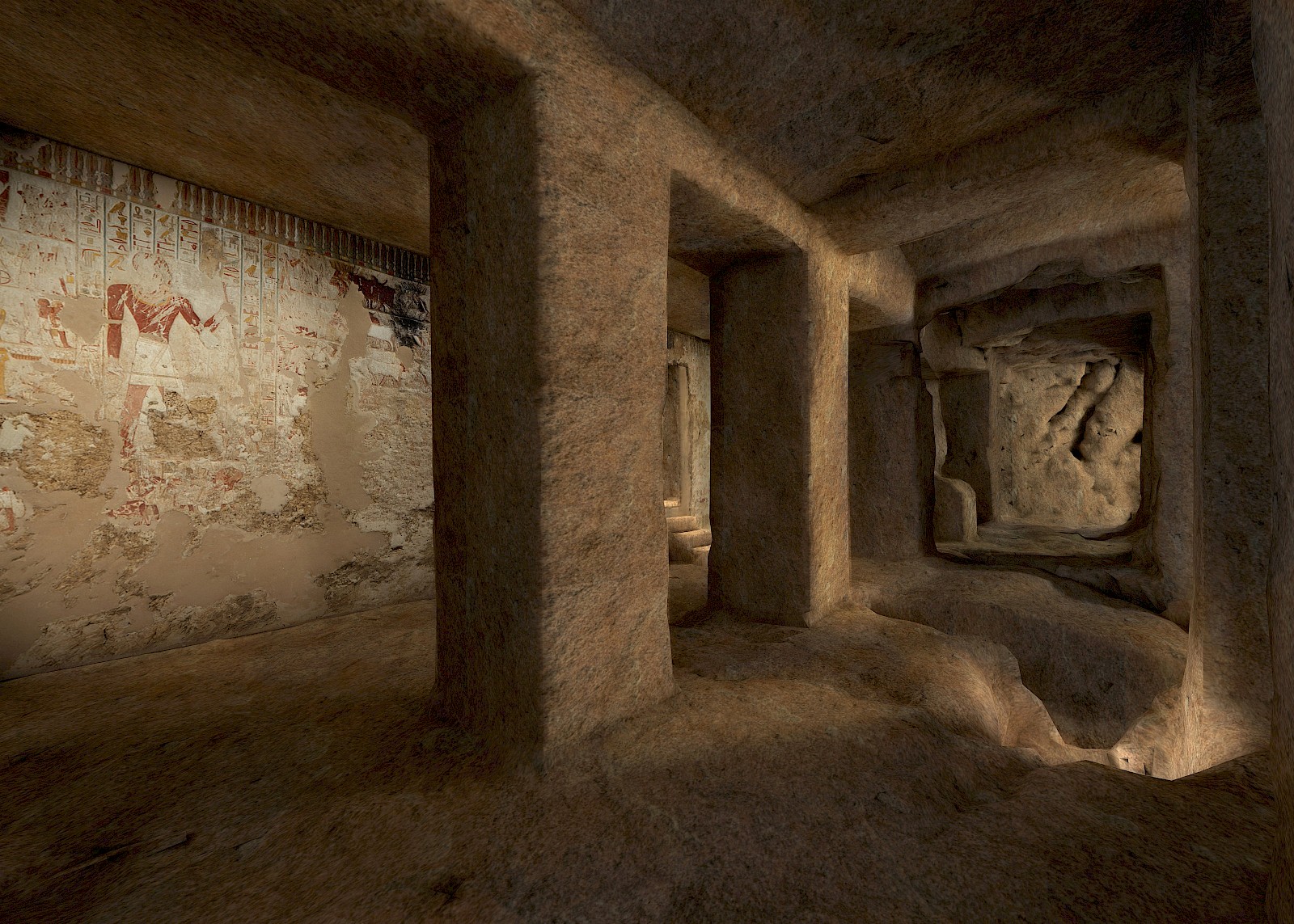 Der Eingang zu Tabaketnetmuts Grabkammer liegt zwischen den drei Meter hohen Säulen der Grabkapelle in der Nekropole von Theben West.