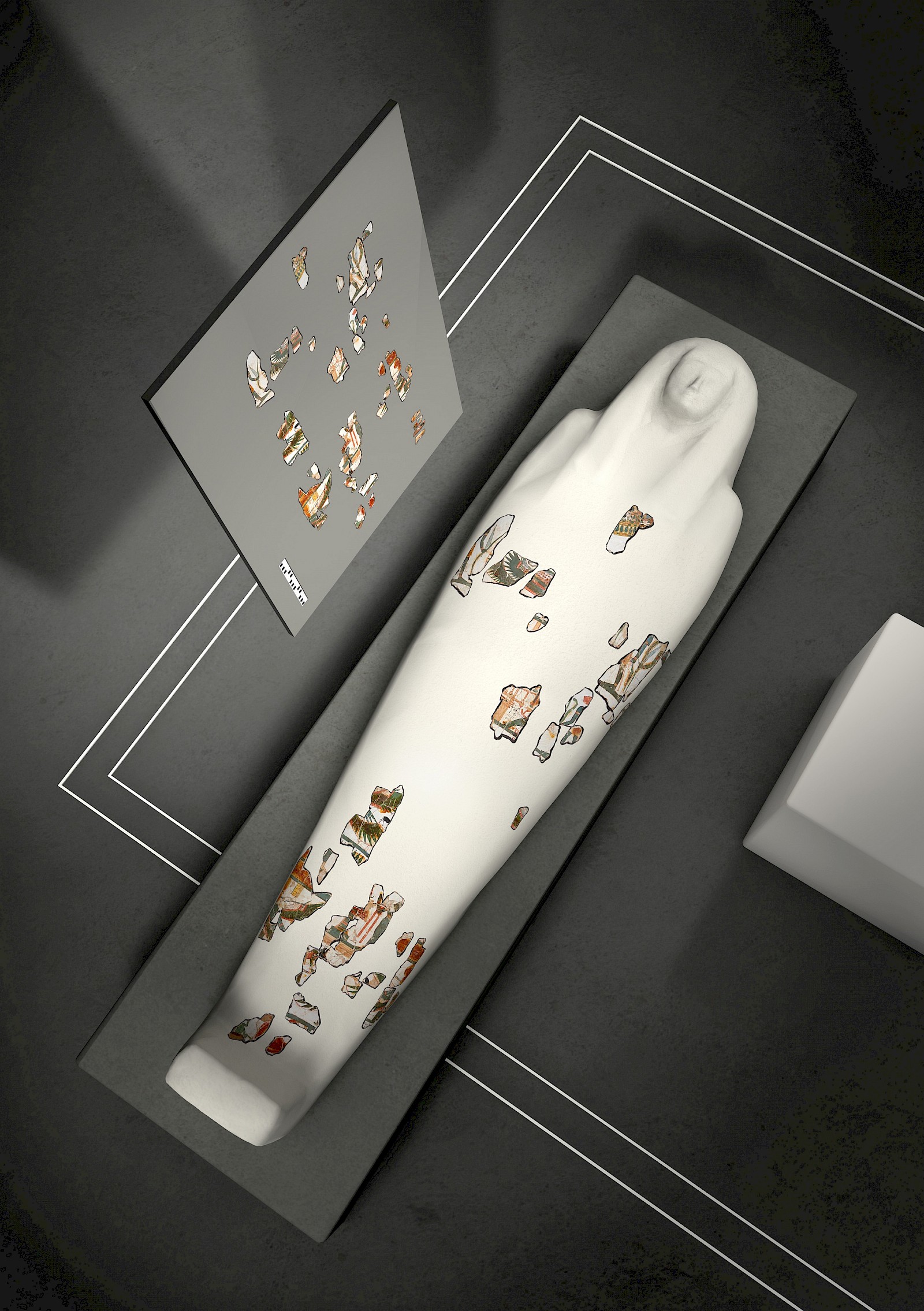 Die Entwicklung des 3D-Modells zeigt die zweite Einbandagierungsschicht. Die Überreste der Mumie Tabaketnetmuts lassen die Haltung und Bindung ihrer Arme nur vermuten. Die Rekonstruktion basiert auf Vergleichen mit anderen Mumienbildern derselben Zeit; der 22. Dynastie um 900 v. Chr.