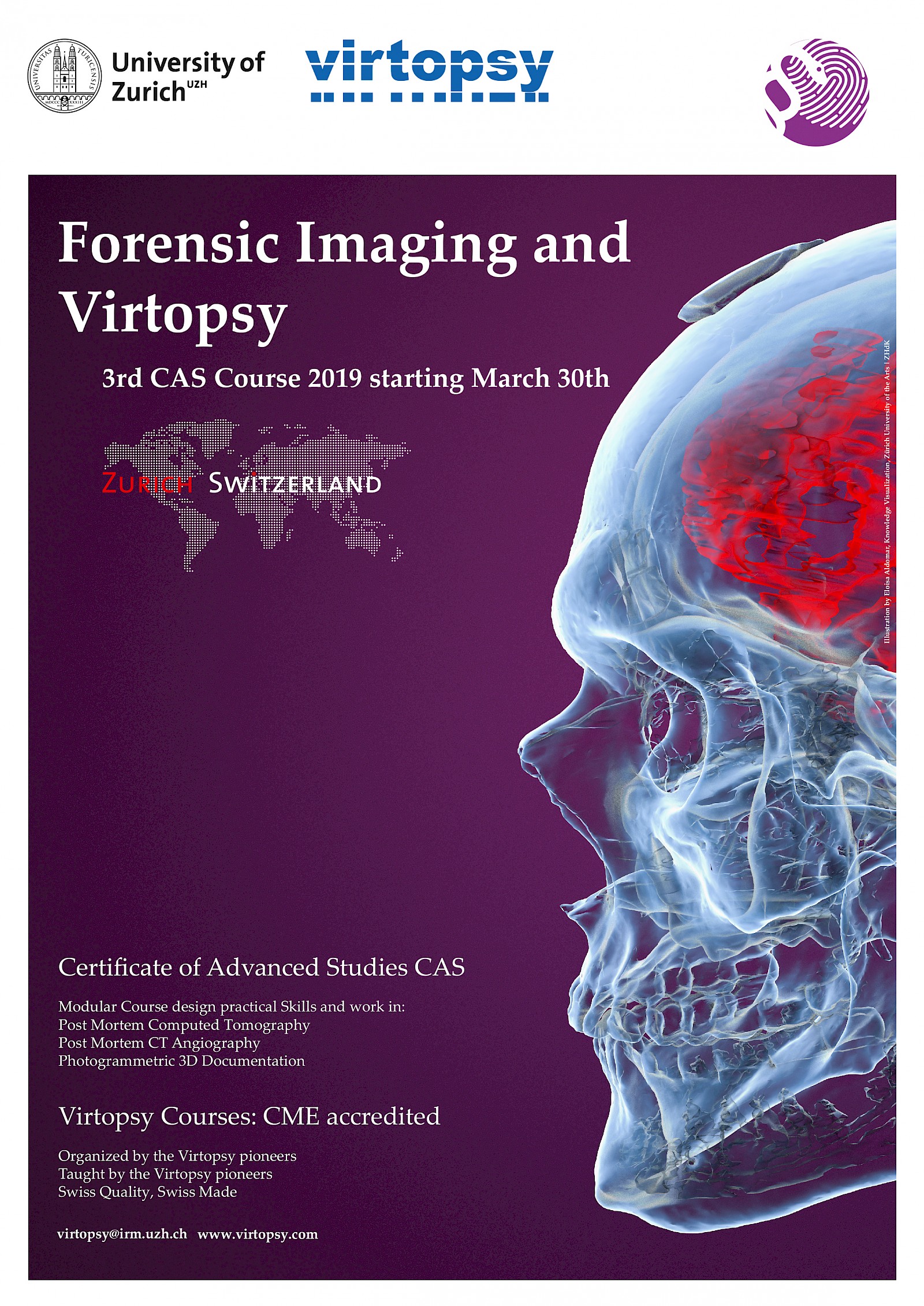 CAS in Forensic Imaging and Virtopsy, Poster. Darstellung mit Cinema 4D. Motiv aus Computertomographiedaten.