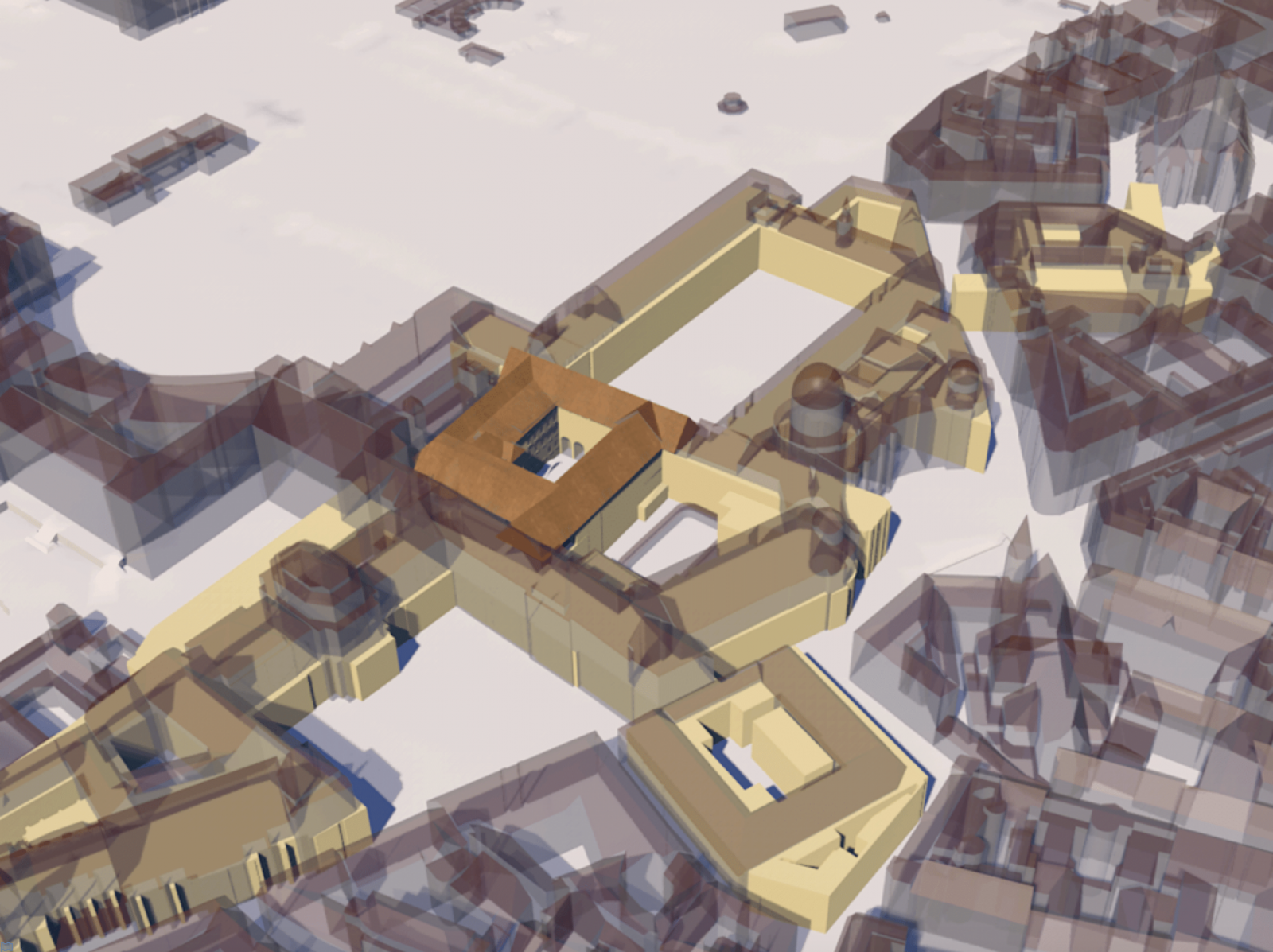 Die Wiener Hofburg mit dem Schweizerhof im Zustand von 1850 aus der Vogelperspektive. Bild: Gabriela Gehrer