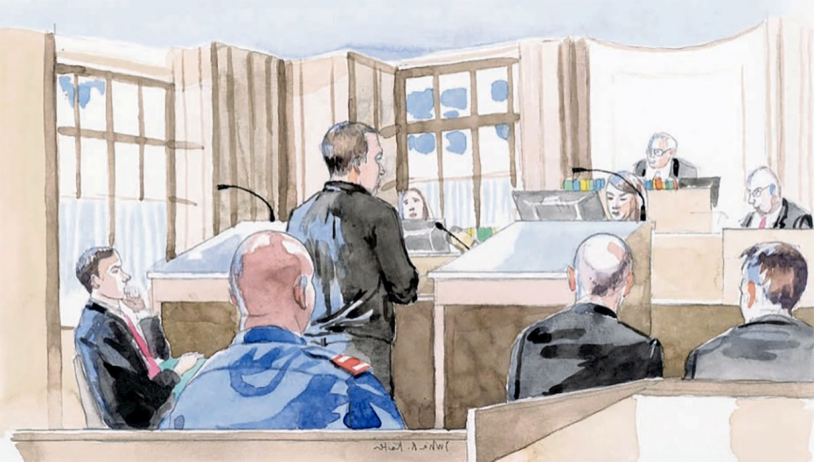 Im Gerichtssaal sieht man als Gerichtszeichnerin meist Hinterköpfe. Skizze von Julia Kuster. Quelle: Tages-Anzeiger