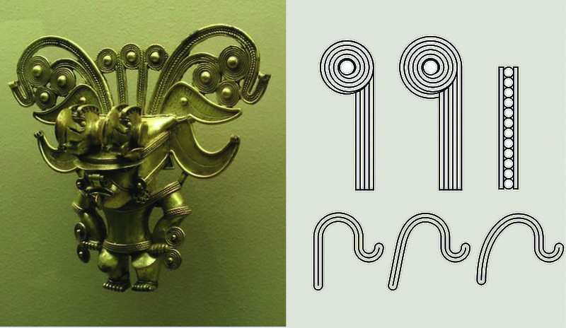 Precolumbian gold design in botanical illustration: I wanted to create a distinctive style that will help to unify not only this campaign but also the future campaigns of the project and unify the graphics style of the CRWF. The idea was to select features from pre-Columbian gold style. I made a selection of identifiable shapes found in the gold pieces of Diquis, exploring the different indigenous styles of the region and the elements to be used.