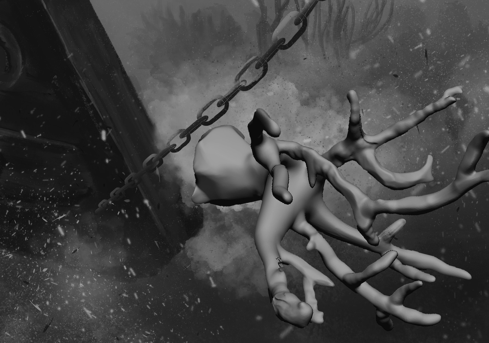 Die Koralle, Entwurfsprozess: Nach und nach wird eine Komposition entworfen, in welcher die Koralle einem auf Augenhöhe begegnet und ihre Zerstörung hautnah miterlebt wird.