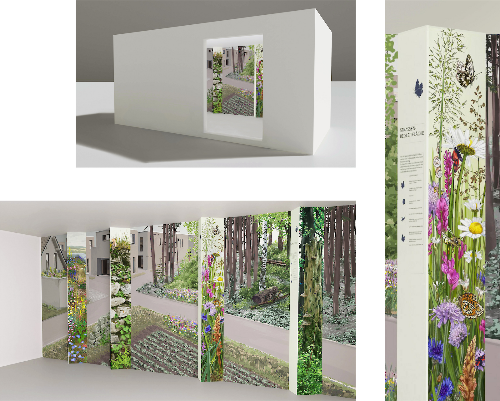 Das Wandbild ist für eine 5.6 auf 2.5m grosse Wand eines Ausstellungs-Containers konzipiert. Damit das Bild auch im Raum erlebbar wird, treten vier Prismen aus der Wand hervor. Auf deren breiten Seite ist jeweils ein Bild, auf der schmalen ein kurzer Text mit Informationen zu sehen. Dadurch eröffnen sich den Betrachtenden verschiedene Teile des Bildes, wenn sie sich im Raum bewegen.