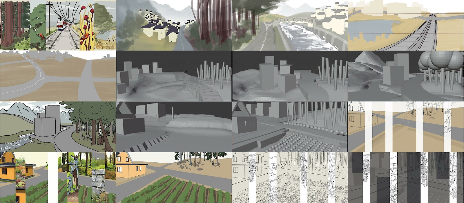 Entwurfsprozess der Landschaft. Um eine glaubwürdige Perspektive zu erhalten simulierte ich die Häuser, Bäume und den Acker im 3D Programm Blender. Zudem erstellte ich Collagen und Skizzen der Landschaft.