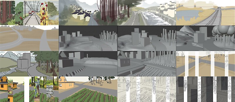 Entwurfsprozess der Landschaft. Um eine glaubwürdige Perspektive zu erhalten simulierte ich die Häuser, Bäume und den Acker im 3D Programm Blender. Zudem erstellte ich Collagen und Skizzen der Landschaft.