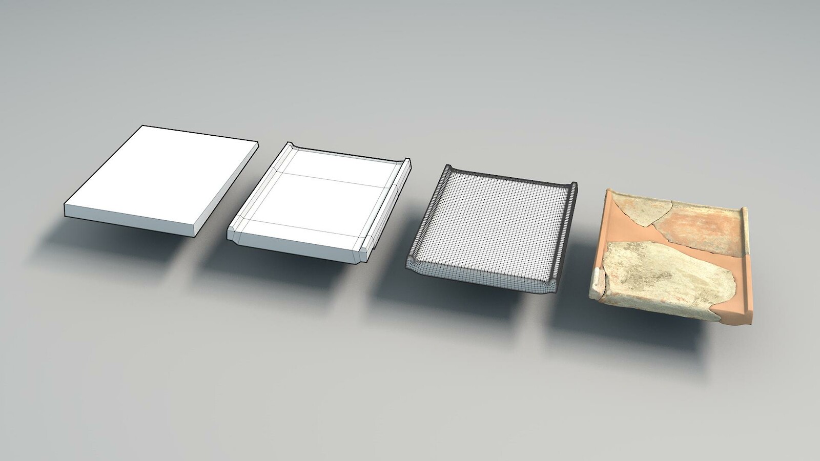 Modellierungsschritte bei der Rekonstruktion eines Tegula-Ziegels.