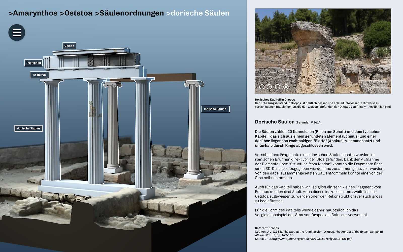 Screenshot finaler Prototyp – Die virtuelle Rekonstruktion wird mit zusätzlichen Bildern und Texten versehen, was eine sehr differenzierte Auseinandersetzung mit den archäologischen Inhalten ermöglicht.
