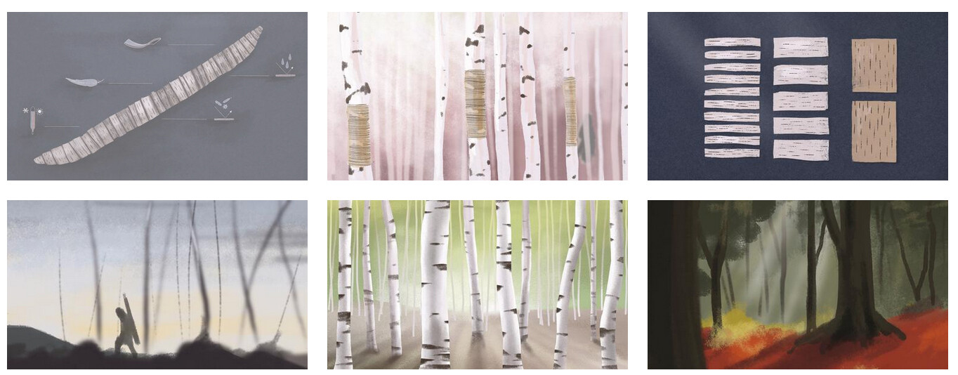 Skizzenhafte Auseinandersetzungen mit Komposition, Stil und Farbe.