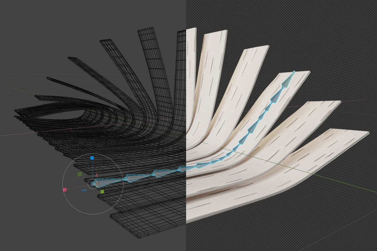 3D Modell in Blender. Bewegliche Gelenke der Birkenkorkstücke.