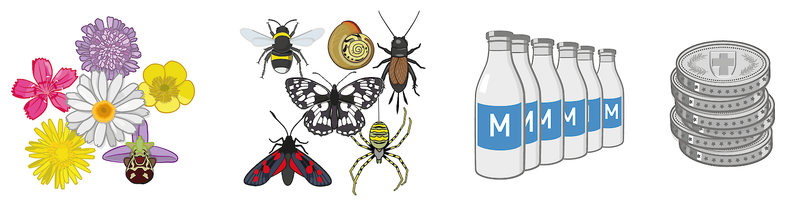 Icons zu den Themen Pflanzenvielfalt, Tiervielfalt, Milchertrag und Verdienst.