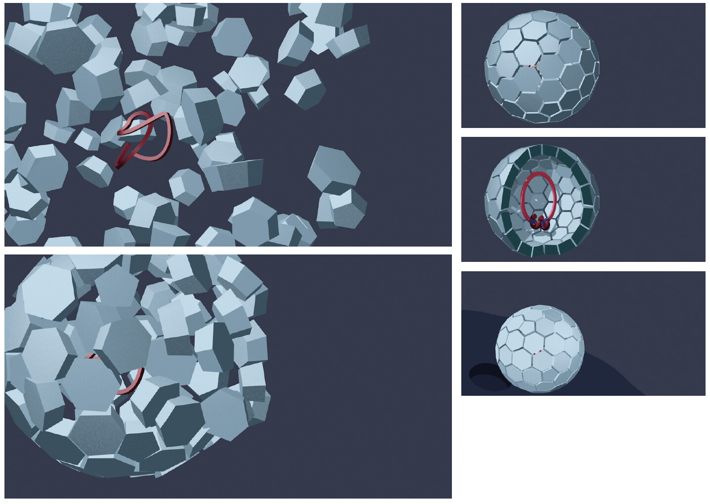 Ausschnitte aus den 3D-Animationen Die Aktivität von TEs auf molekularbiologischer Ebene. Die Animationen illustrieren zwei Strategien, wie TEs ihren Ort im Erbgut verändern. Der Stil ist eine Kombination von schematischer Darstellung und 3D-Visualisierung.