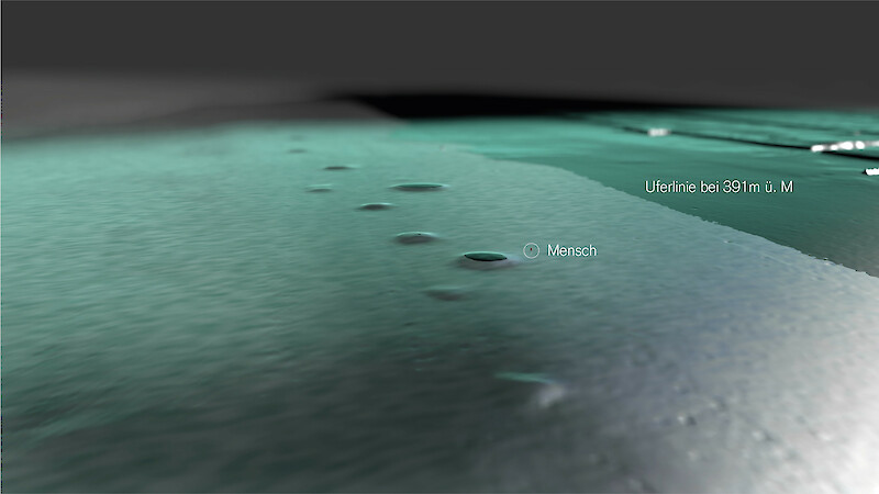 Abschnitt der Hügelkette der „Bodensee-Hügeli“ mit einem Menschen und einem potenziellen Wasserspiegel zur Verdeutlichung der Grössenverhältnisse und Dimensionen. Das 3D-Modell wurde aus Sidescansonar- und Fächerecholotdaten berechnet, dies gilt für alle nachfolgenden Abbildungen.