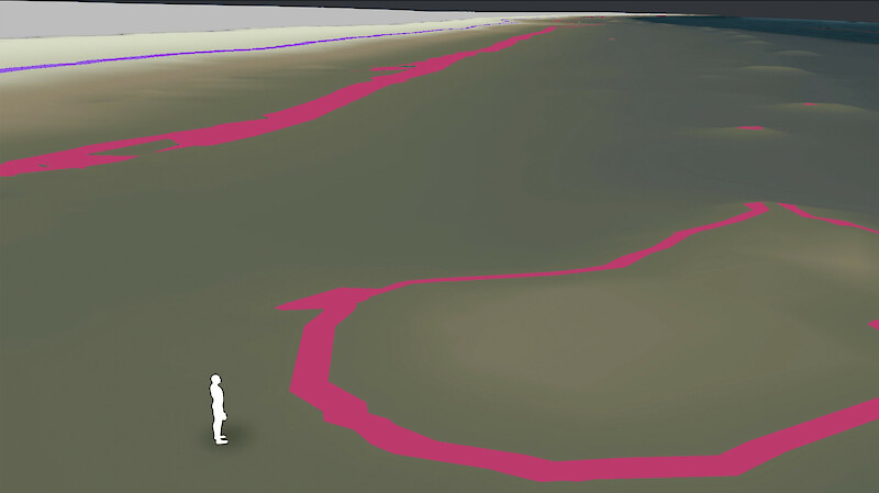 Screenshot aus einer Animation zur Verdeutlichung der Grössenverhältnisse mit Referenzgrösse (Mensch) und linear eingezeichneten, potenziellen Wasserspiegeln.