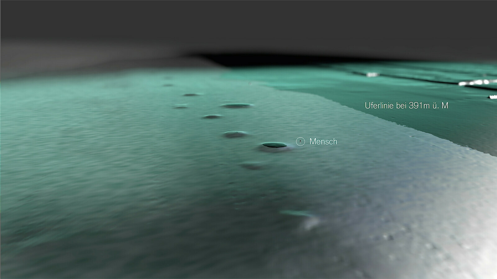 Abschnitt der Hügelkette der «Bodensee-Hügeli» mit einem Menschen und einem potenziellen Wasserspiegel zur Verdeutlichung der Grössenverhältnisse und Dimensionen. Das 3D-Modell wurde aus Sidescansonar- und Fächerecholotdaten berechnet. © Knowledge Visualization, ZHdK, 2021.