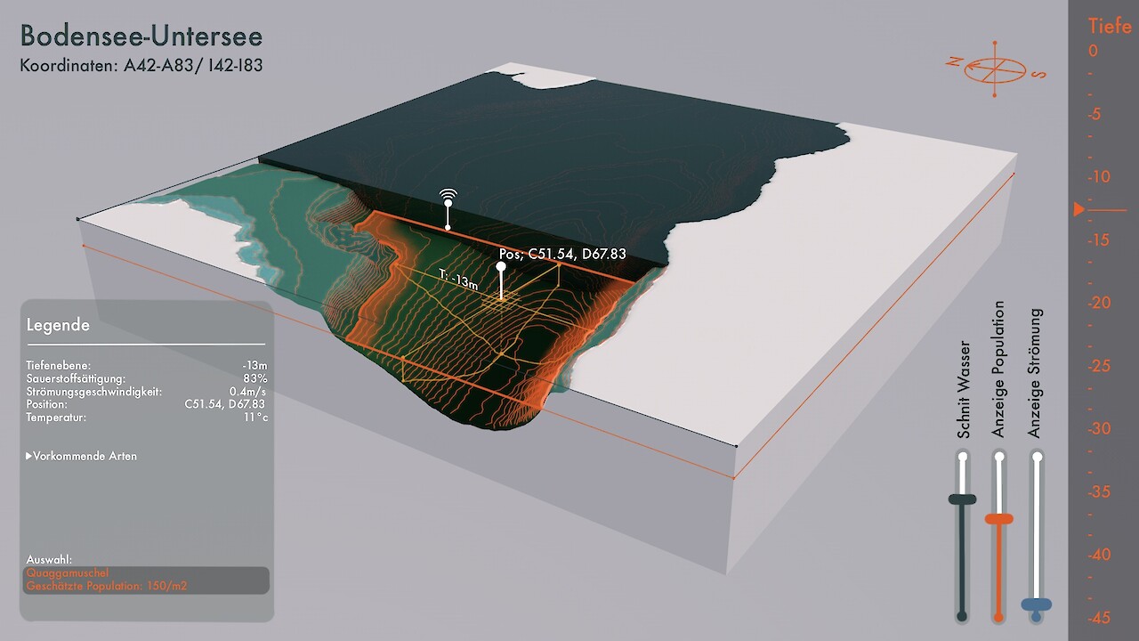 Alen Guberinic: Hypothetische Aufarbeitung von Tiefenmessdaten des Bodensees, um das Potenzial der visuellen Verknüpfung von Messdaten aufzuzeigen.