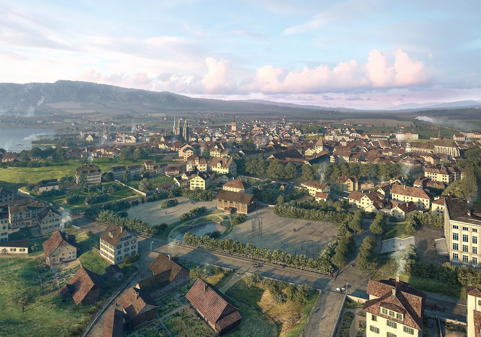 Zürich um 1860. Nach dem Abtrag der Schanzen wächst die Stadt in ihr Umland. Im Bereich des ehemaligen Hottingerpörtli steht das ovale Wolfbachbassin, umgeben vom Turnplatz und der Kantonsschule.