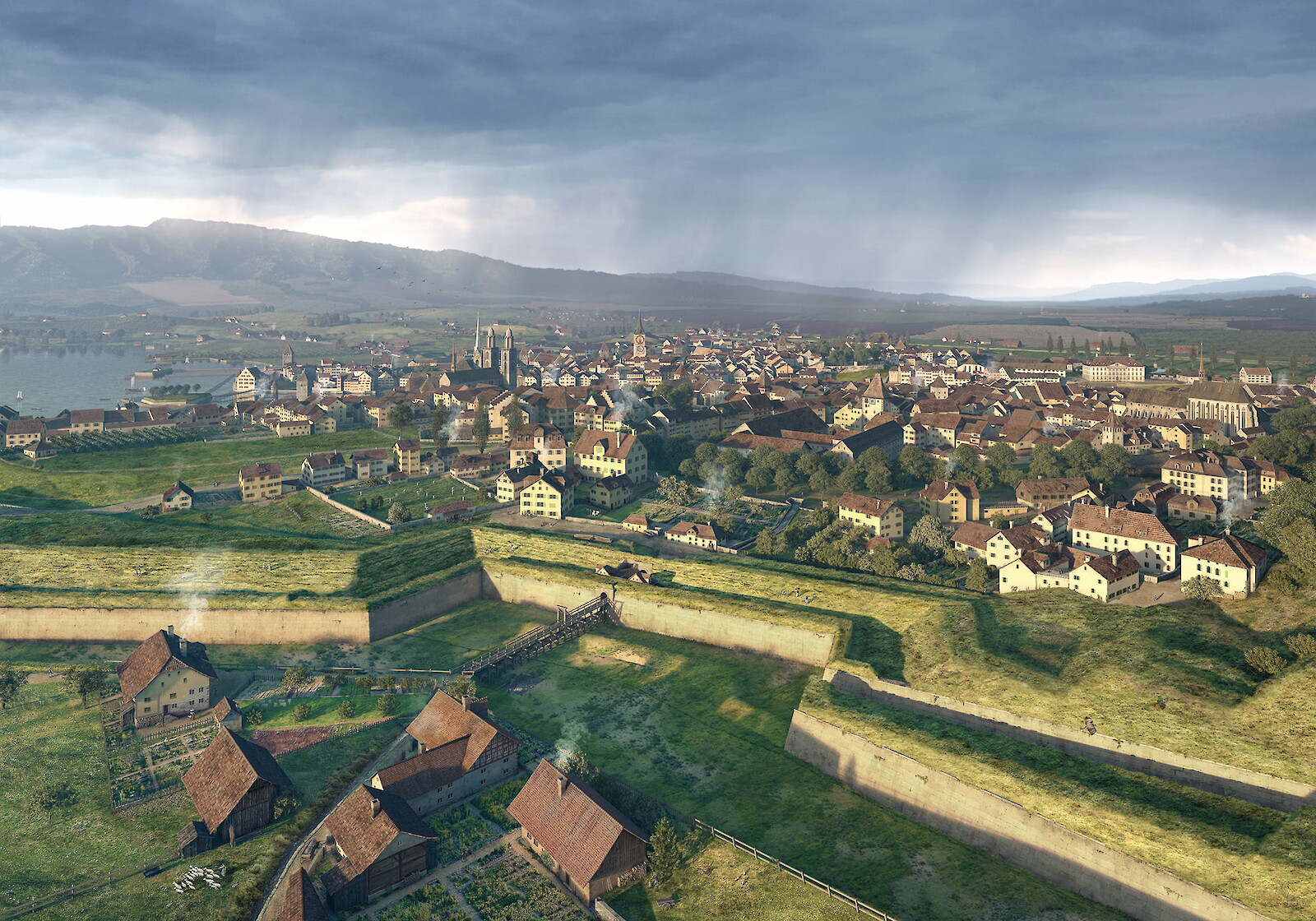 Zürich um 1800. Die Stadt ist vom barocken Schanzenring umgeben. Im Vordergrund das Hottingerpörtli, dahinter das Florhofquartier.