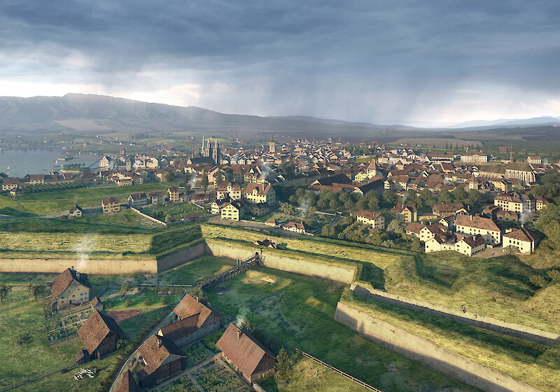 Zürich um 1800. Die Stadt ist vom barocken Schanzenring umgeben. Im Vordergrund das Hottingerpörtli, dahinter das Florhofquartier.