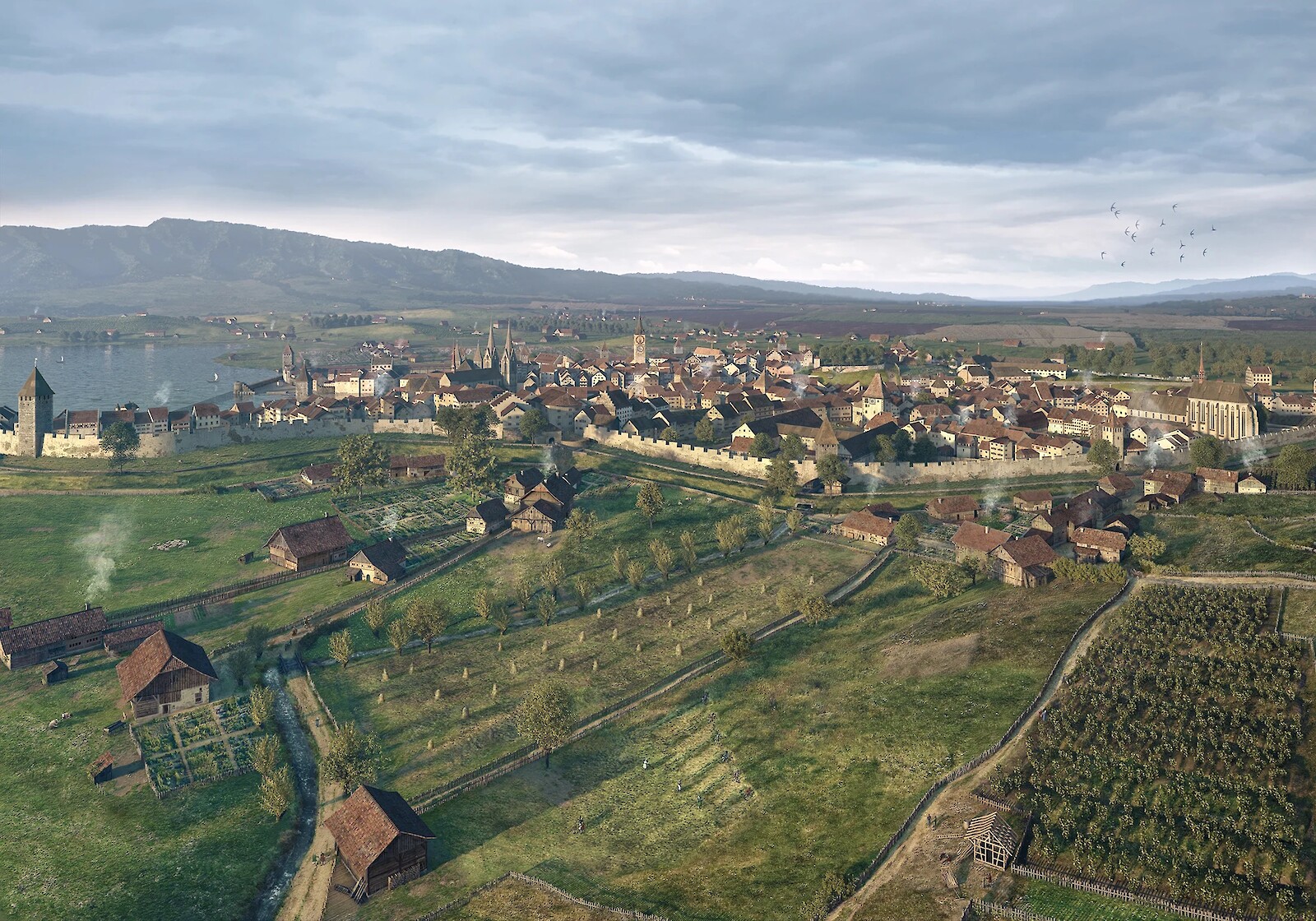Zürich um 1600. Im näheren Umland der mit Mauer und Graben befestigten Stadt liegt landwirtschaftlich geprägtes Kulturland mit Weiden, Mähwiesen und Rebbergen.