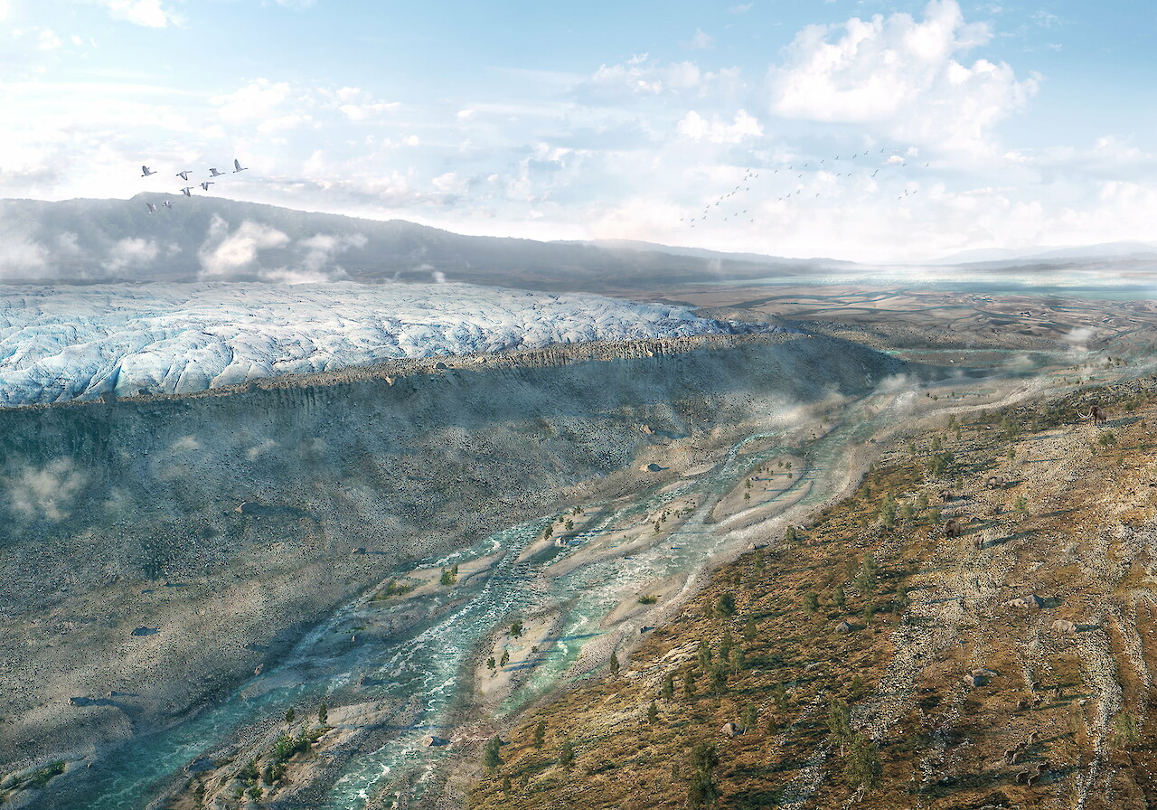 Zürich um 17 000 v. Chr. mit dem Linthgletscher im Zürich-Stadium, rundherum die aufgeworfene Moräne. Das heutige Limmattal ist ein See («Schlierensee»), der vom Wolfbach, der Sihl und Gletscherschmelzwasser gespeist wird. Nahe am Gletscher belebten Tiere wie Mammuts, Wollnashörner, Rentiere und Pfeifhasen die Region.