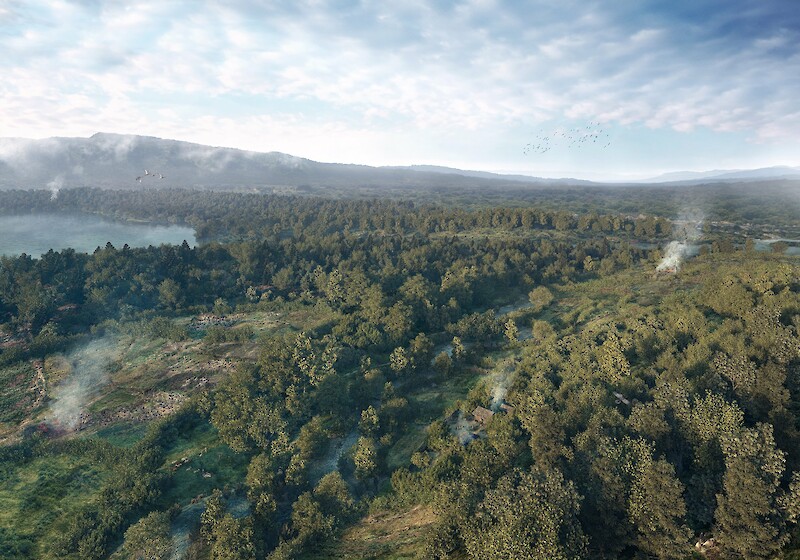 Zürich um 2 600 v. Chr. Zu sehen ist eine bereits aufgelichtete Landschaft mit Anbauflächen im direkten Hinterland der Seeufersiedlungen. In der Mitte liegt die Talaue des Wolfbachs.