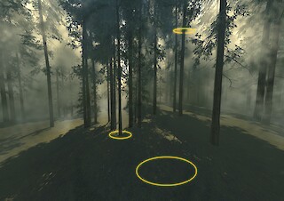 Erste Überlegung zum Aussehen der Informationsstationen im VR-Erlebnis, skizziert über einen Screenshot der Waldumgebung in Unity.
