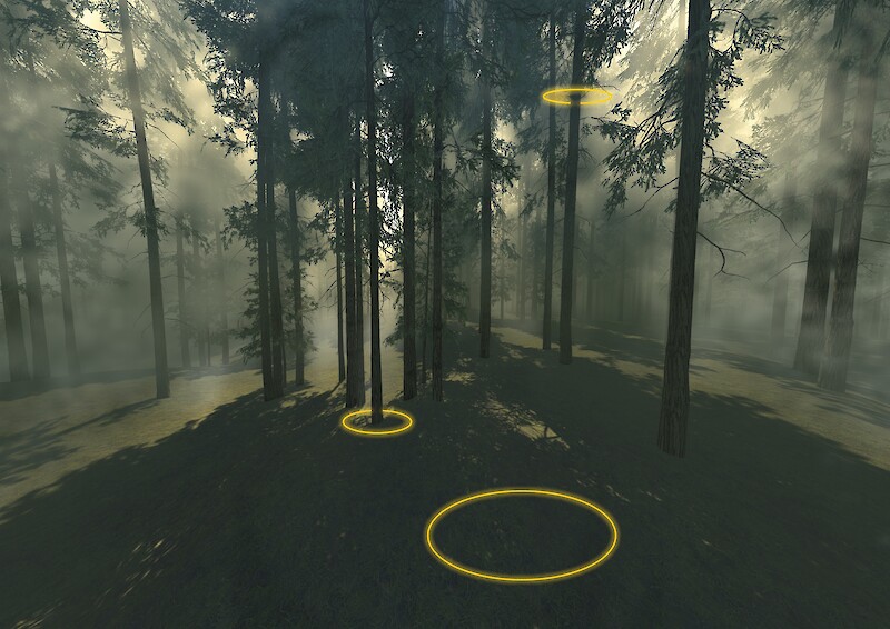 Erste Überlegung zum Aussehen der Informationsstationen im VR-Erlebnis, skizziert über einen Screenshot der Waldumgebung in Unity.