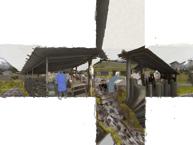 Durch den Rundumblick im Kugelbild,  kann man das mittelalterliche Handwerksquartier in Chur ganz individuell entdecken. Das 360°-Bild wurde im Photoshop gemalt.