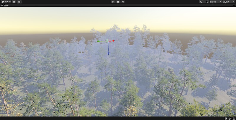Vogelperspektive auf die Waldumgebung während dem Aufbau in Unity.