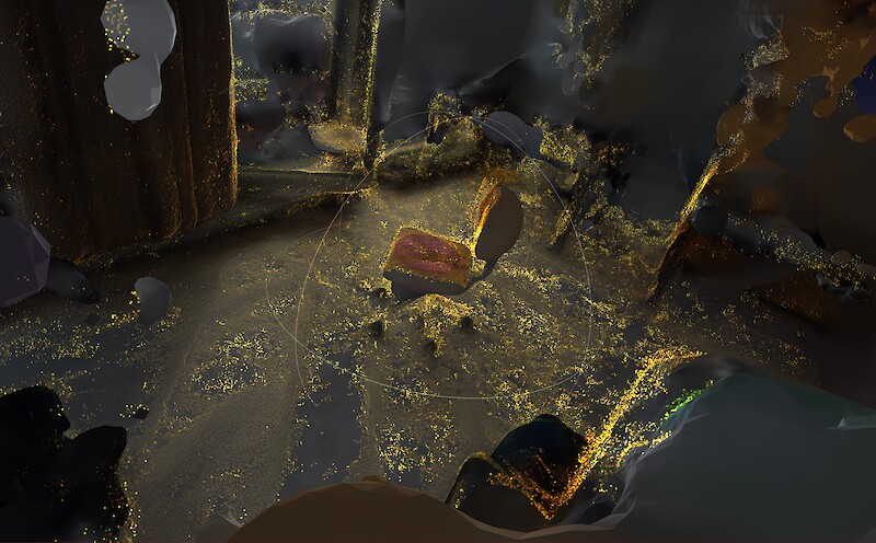 Aus Video generierte Point Cloud des Ateliers an der ZHdK. Versuch mit Point Clouds zu arbeiten, anstelle von 3D-Modellen aus Polygonen.